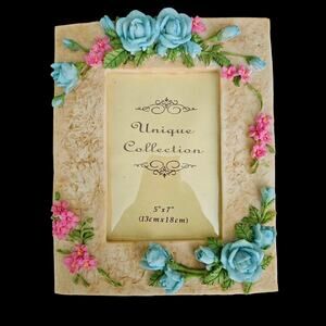 Vintage Floral Picture Frame Blue Roses Pink Flowers 3.5x5 Resin Easel